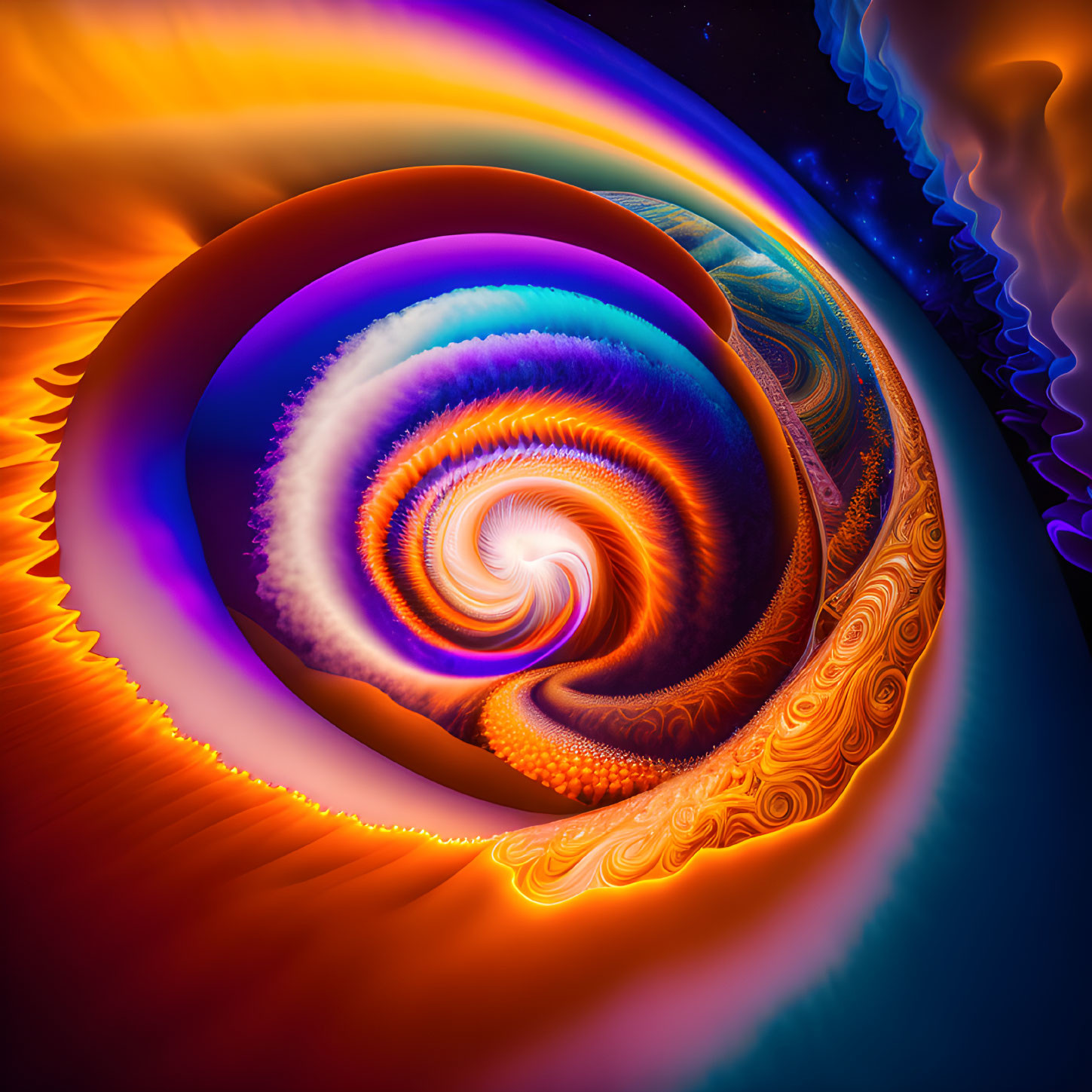 Colorful digital fractal spiral with intricate swirling patterns in fiery tones.