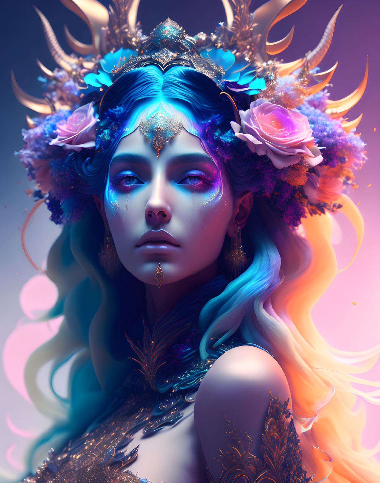 Blue-skinned woman with golden headpiece and colorful hair in fantasy portrait