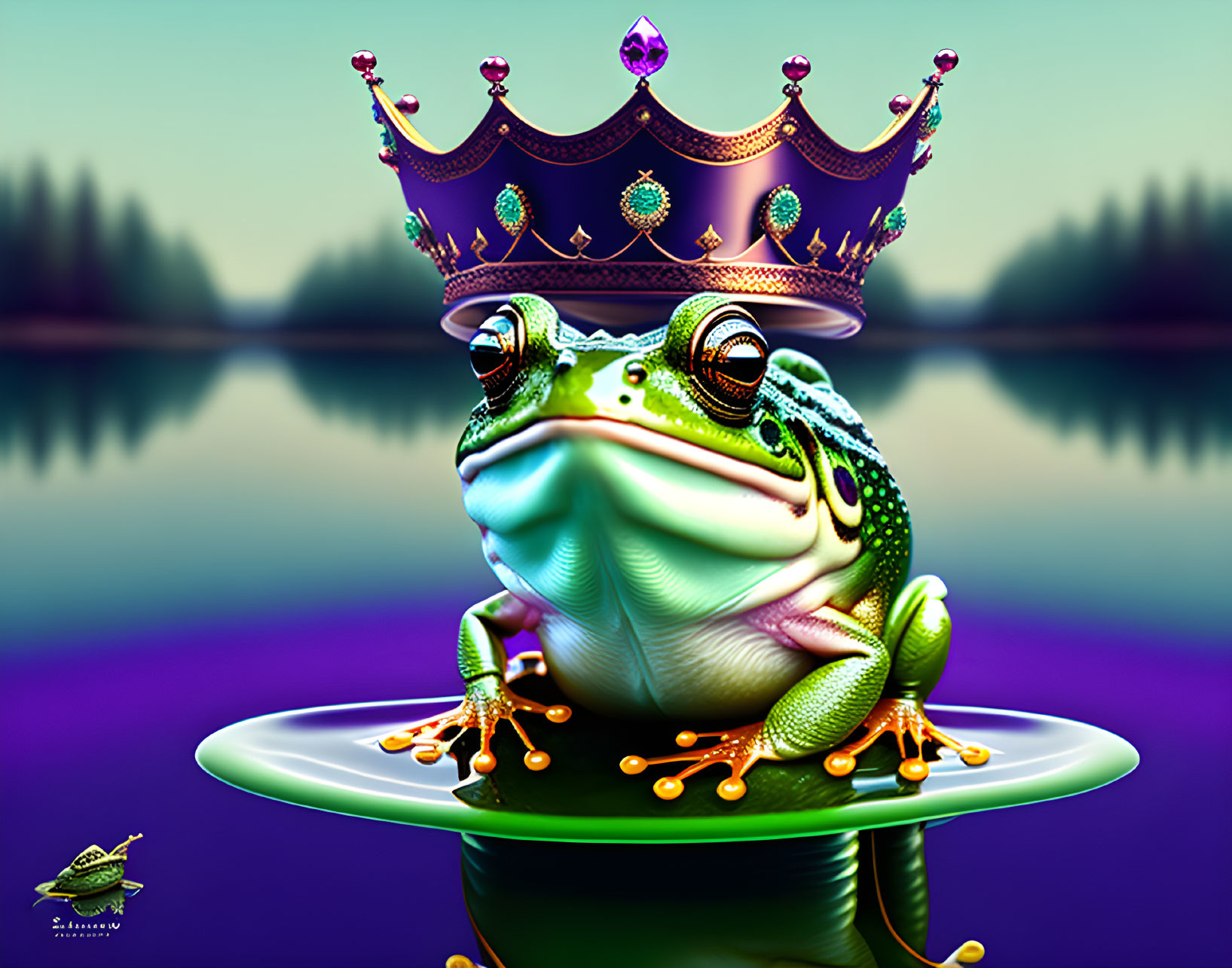 Regal frog with crown on lily pad in tranquil lake scene