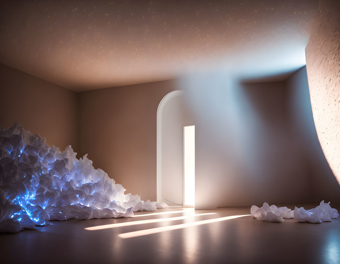 Glowing door in atmospheric room with star-like points and paper structures