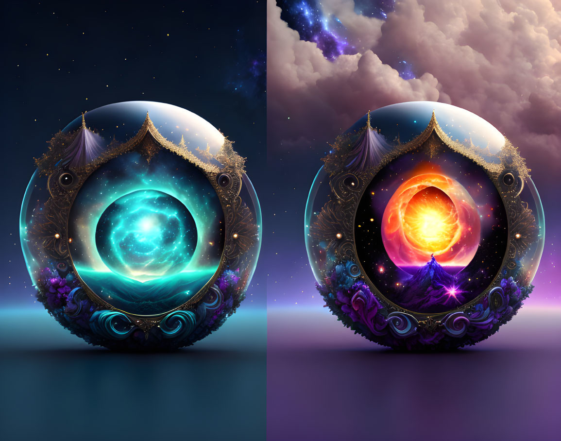 Ornate day and night spheres with cosmic elements on split backdrop