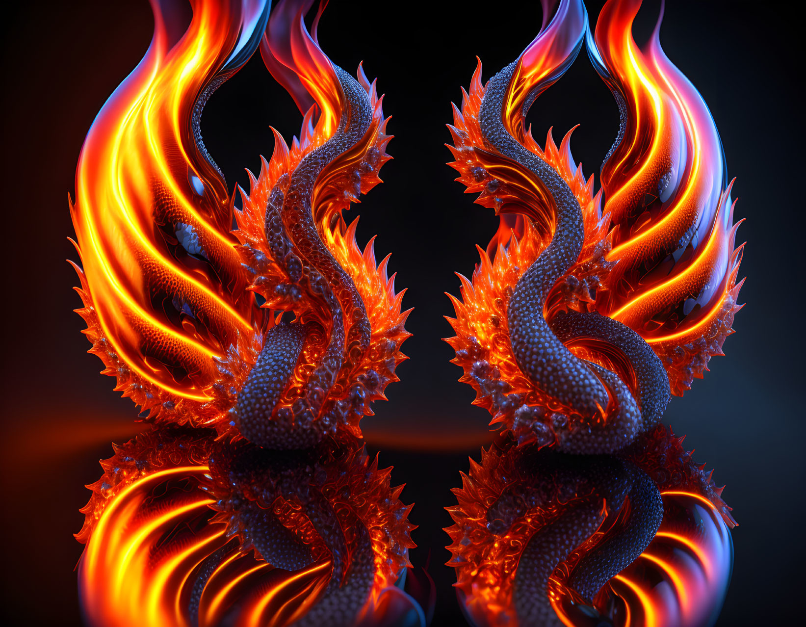 Symmetrical fiery dragons with orange and red flames on dark background