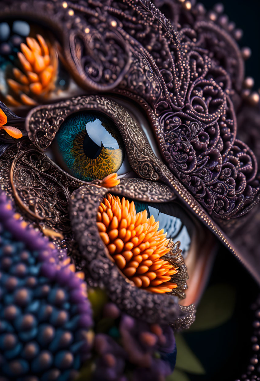 Detailed ornate mask with exposed eye, orange flowers, textured decorations