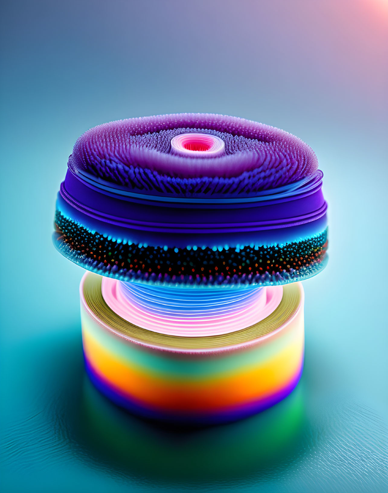 Vibrant 3D abstract symmetrical object on iridescent surface.