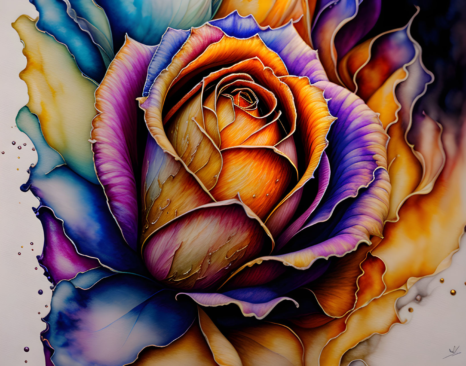 Multicolored rose with water droplets in yellow, pink, and blue