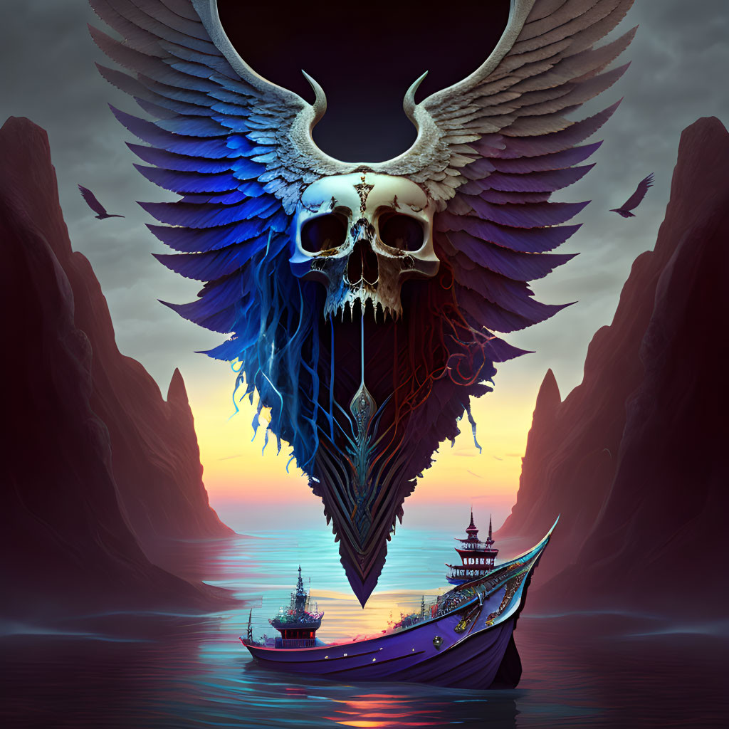 Surreal dusk scene: boats on water near floating rock with skull and winged creature, cliffs