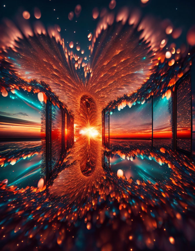 Surreal fiery tunnel with mirror-like walls reflecting vivid sunset