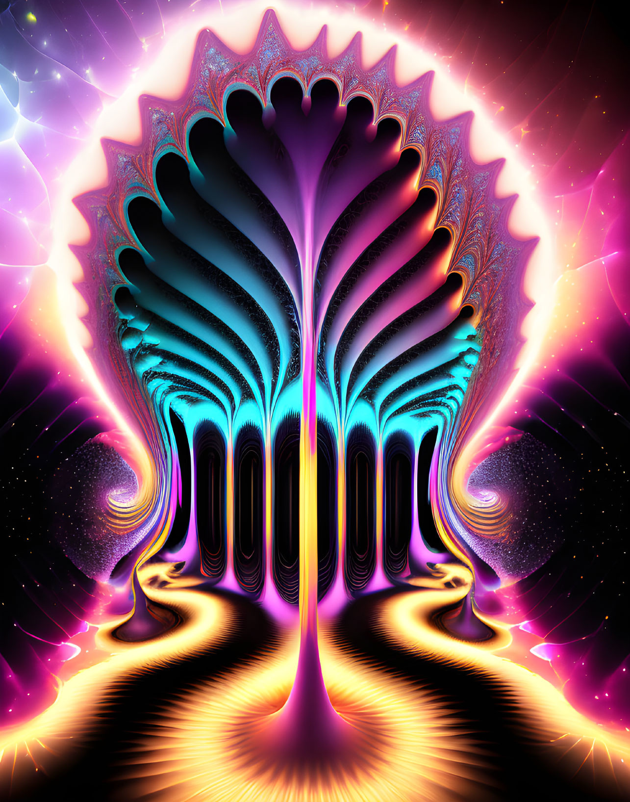 Symmetrical neon fractal tree on cosmic background