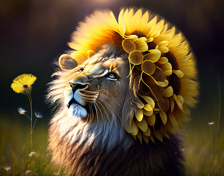 Lion with sunflower mane in dandelion field at dusk