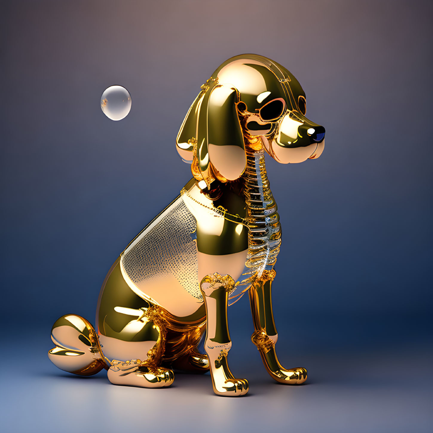 Shiny Golden 3D Dog Model on Blue Background with Bubble