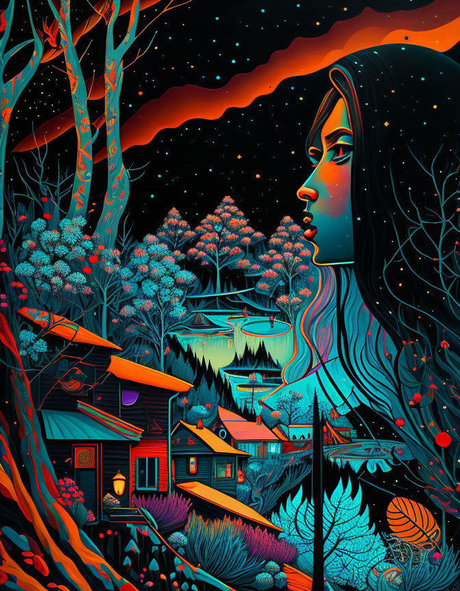 Vibrant Nocturnal Landscape with Woman's Silhouette