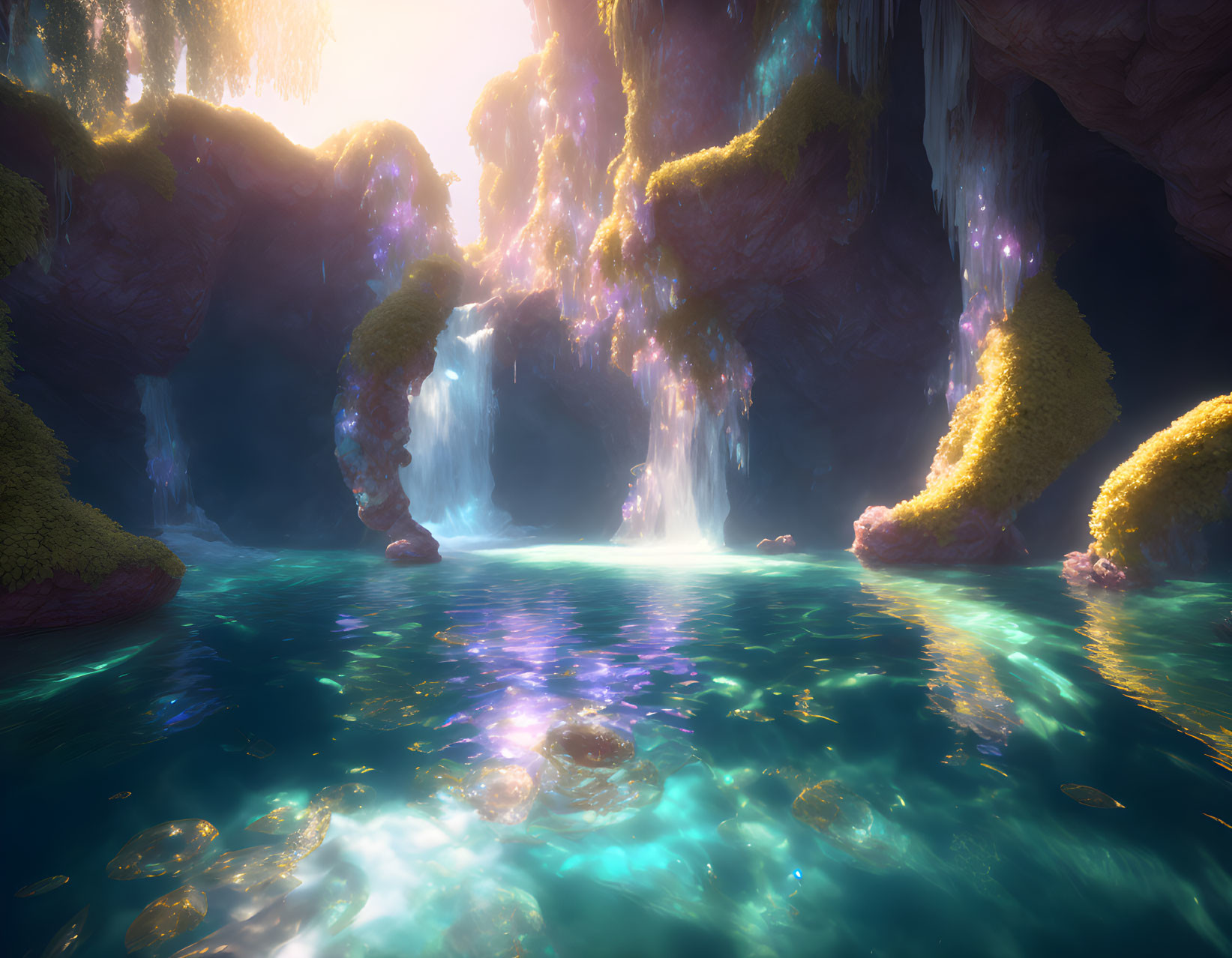 Mystical cave with glowing water and lush surroundings