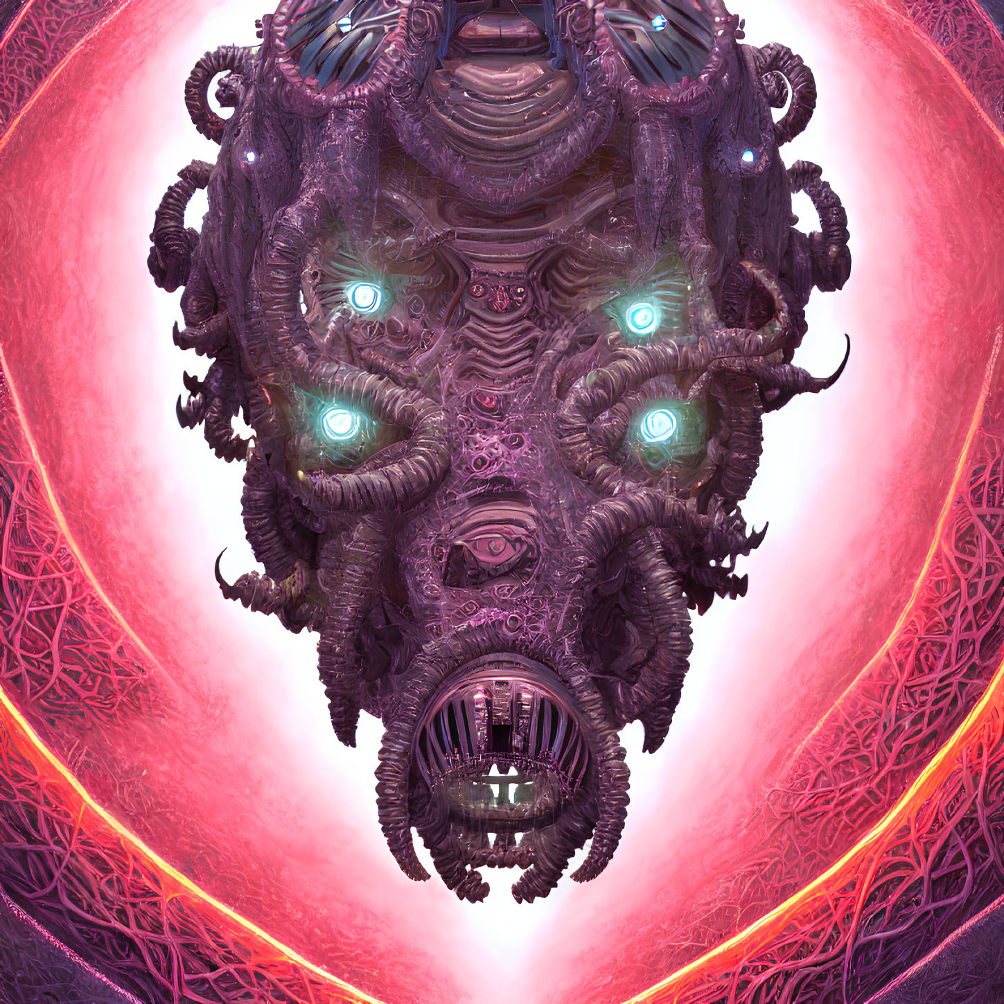 Intricate Alien Entity with Glowing Eyes in Ornate Pink Frame