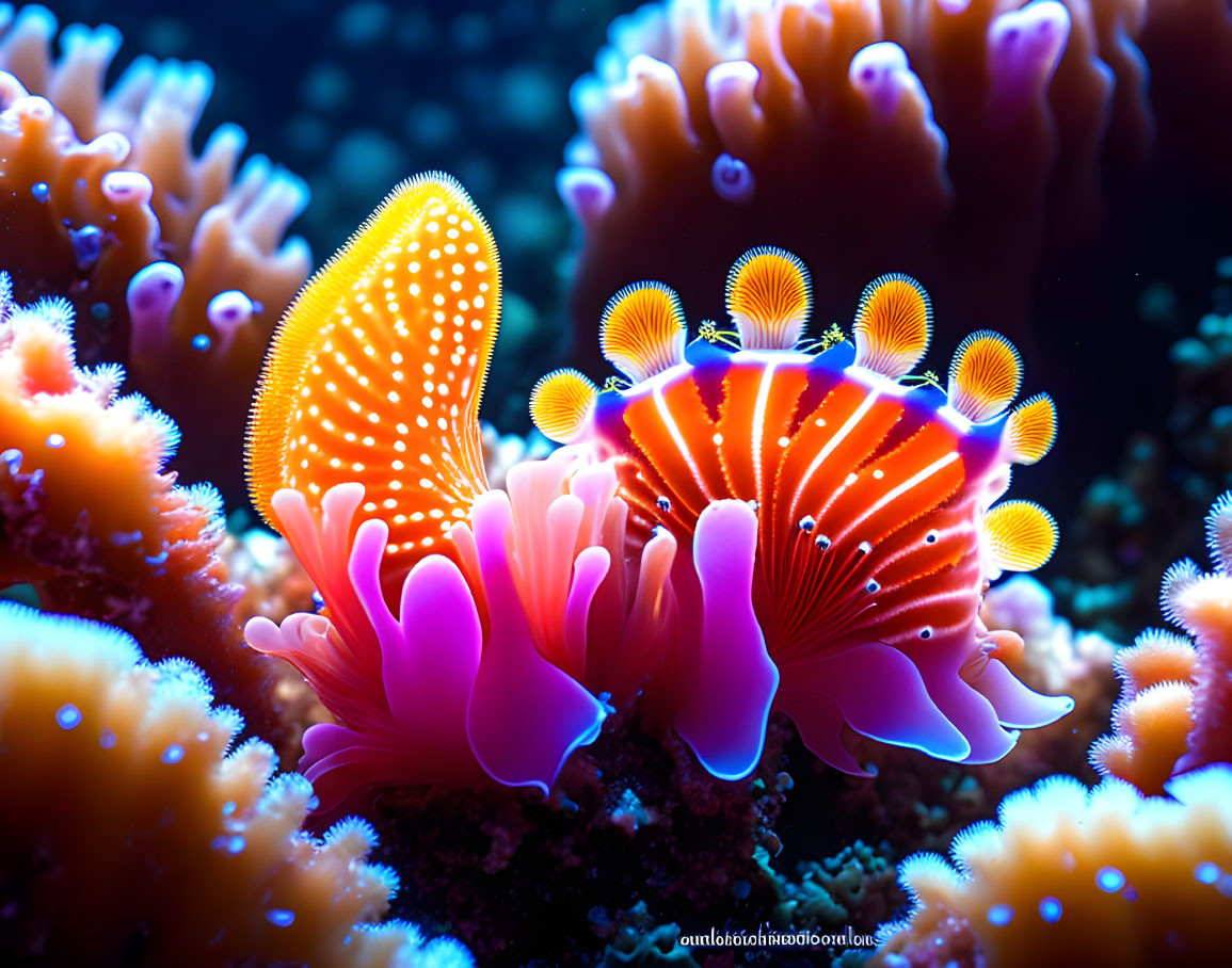 Colorful Underwater Scene: Glowing Orange Sea Anemone Surrounded by Soft Corals