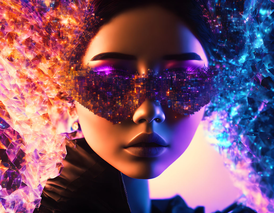 Digital Artwork: Woman with Glowing Purple Eyes and Crystal Merging Face