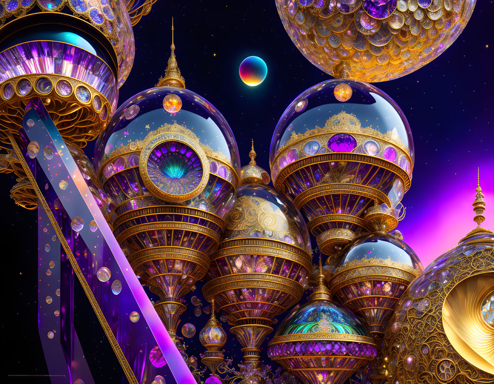 Golden and glass spheres in space with crescent moon - intricate futuristic design