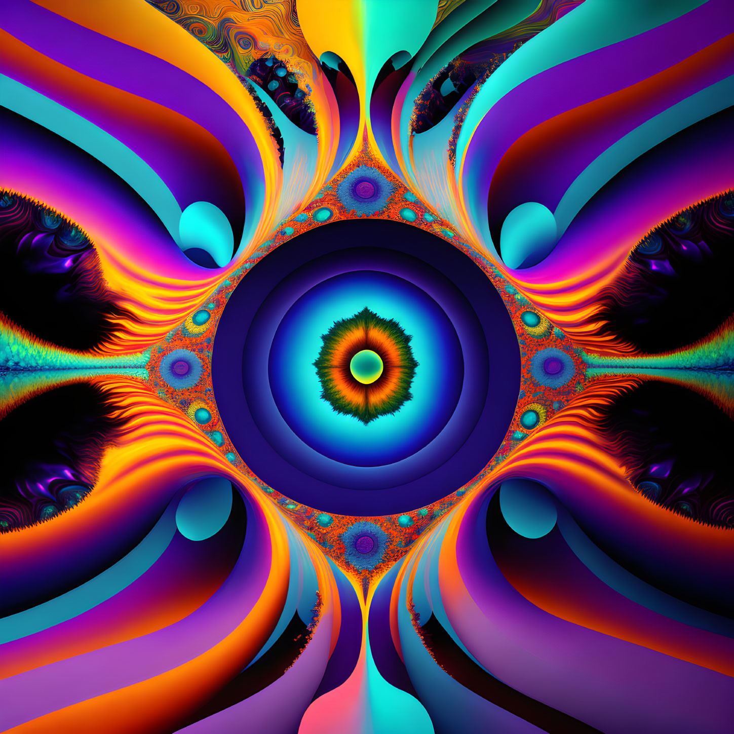 Colorful psychedelic fractal design with central eye-like pattern