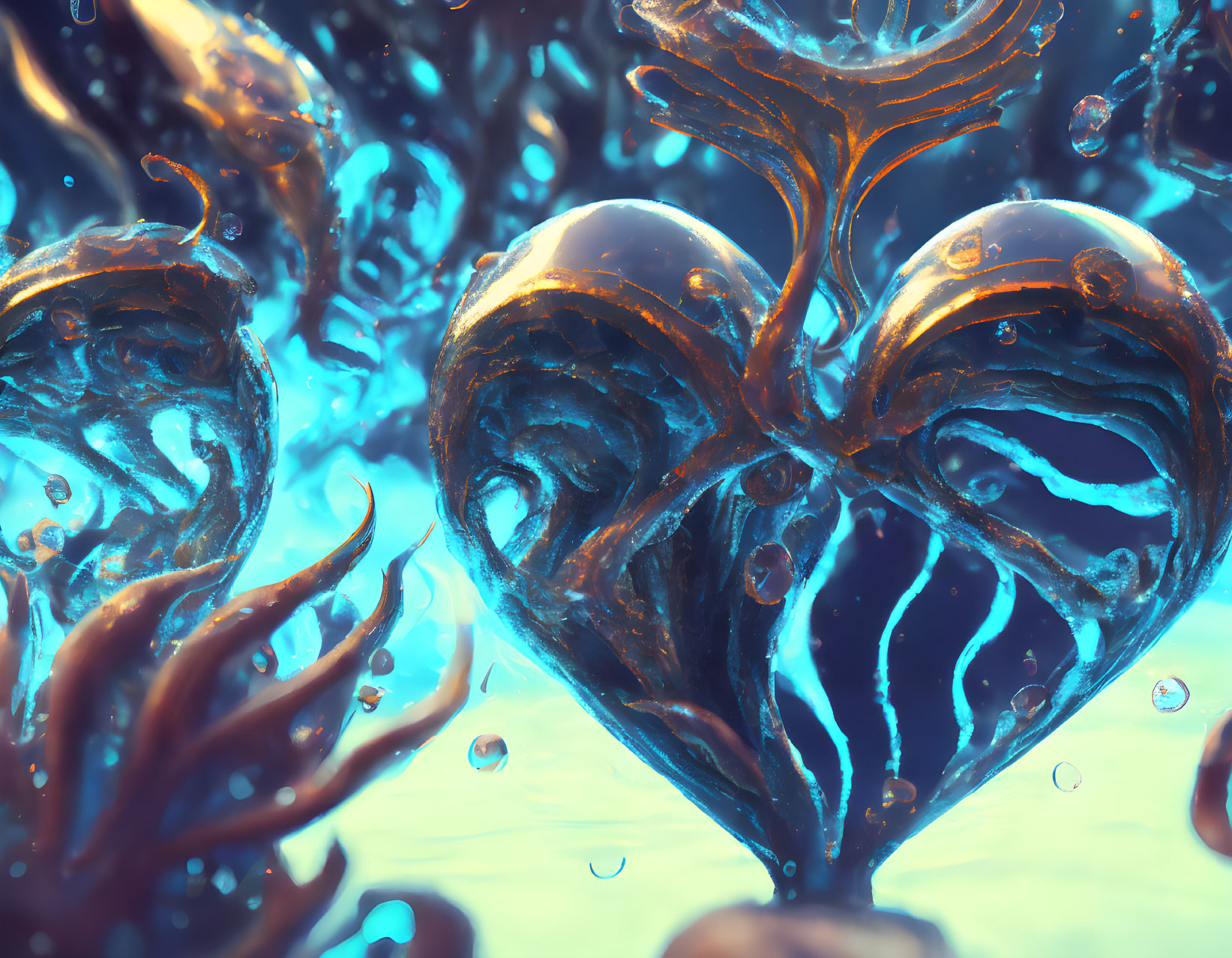 Abstract Heart-Shaped Structure in Blue and Amber Swirls