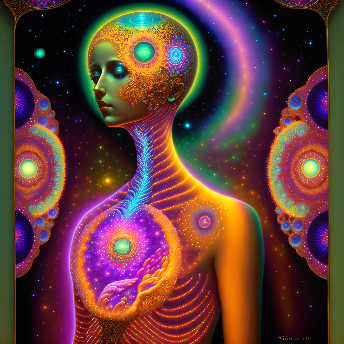 Colorful digital artwork: humanoid figure with cosmic patterns on celestial background