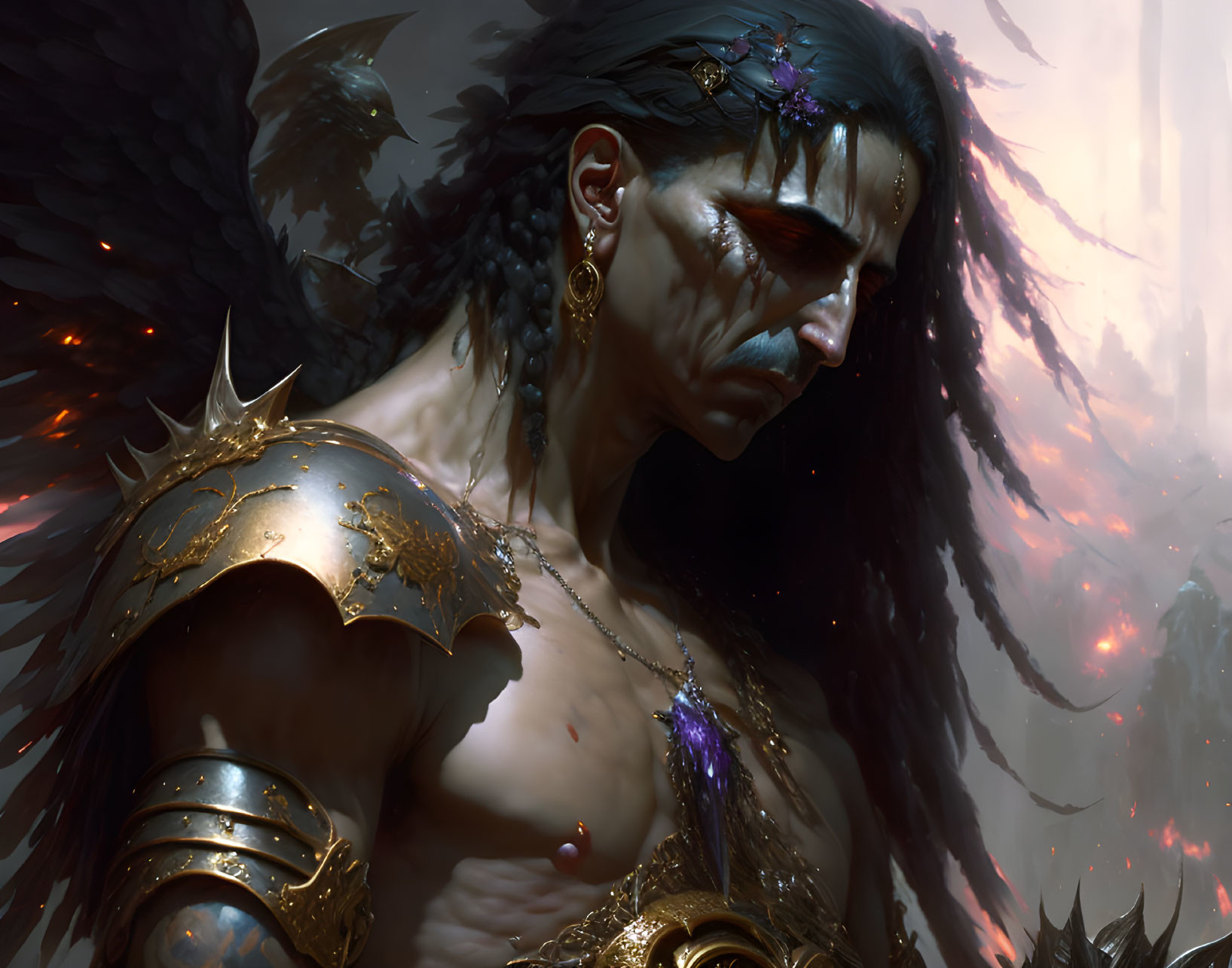 Dark-haired warrior in golden armor with wings in pensive pose against misty backdrop