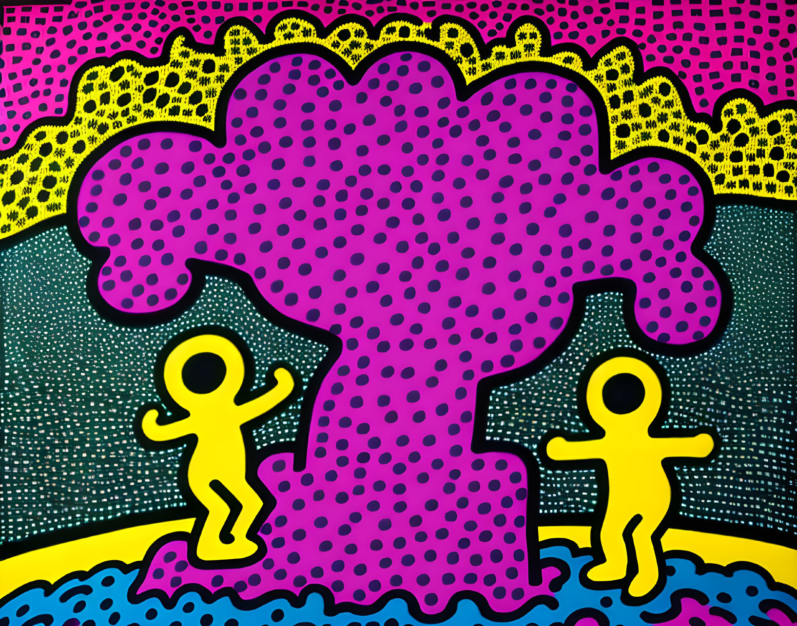 Colorful Pop Art Style Image of Pink Tree and Dancing Figures