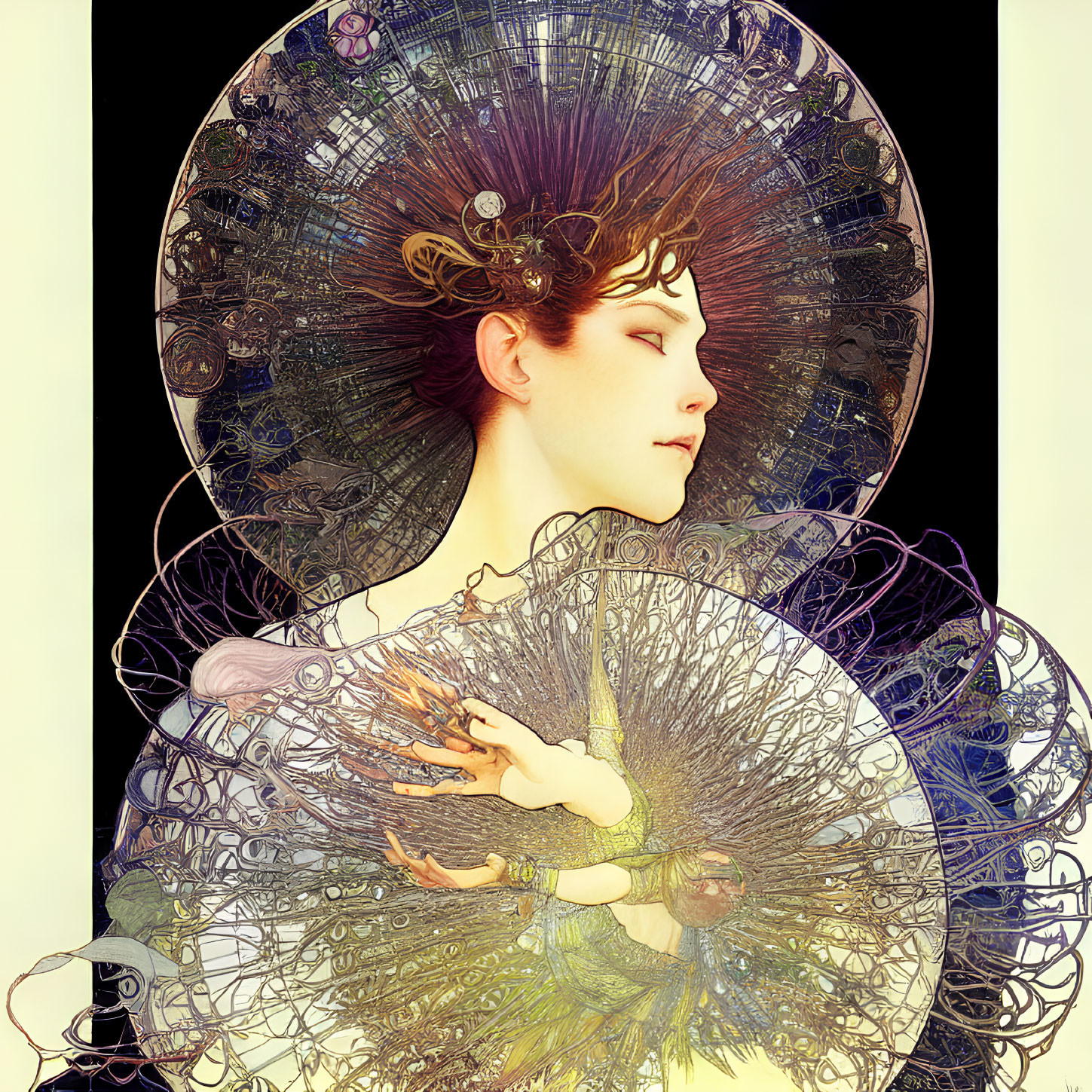 Profile illustration of woman with ornate circular designs merging Art Nouveau with cosmic patterns