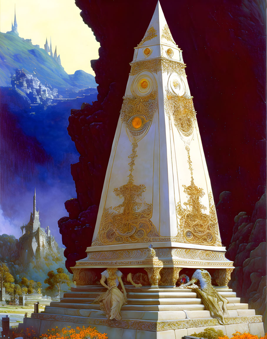 Golden ornate pyramid with cliffs, castle, robed figure, and peacock.