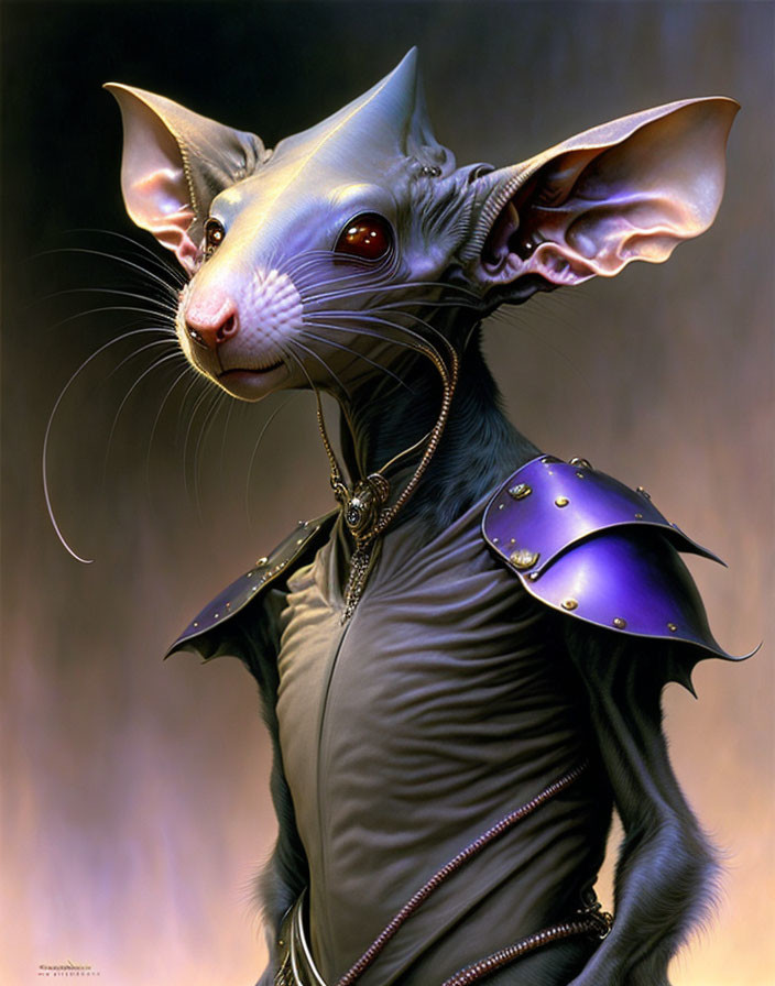 Detailed anthropomorphic mouse illustration in leather outfit with red eyes.