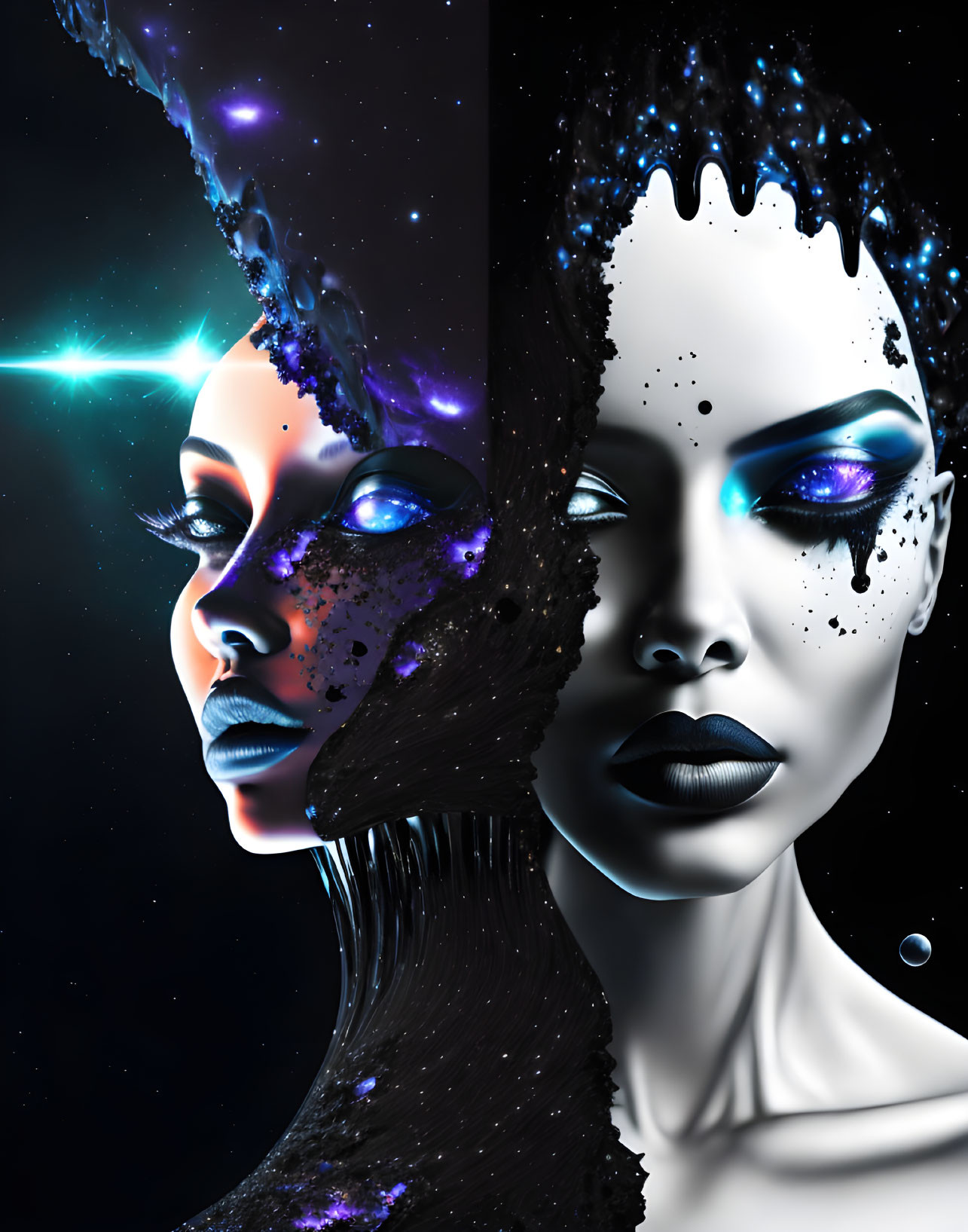 Digital artwork: Two merging women's faces, one with starry universe and the other monochrome,