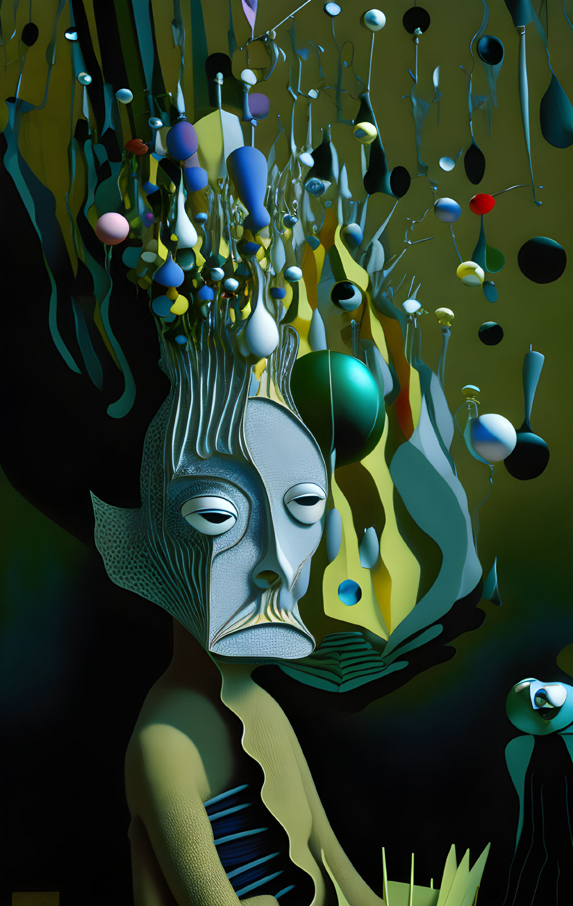 Surreal digital artwork: figure with melting face, colorful orbs, liquid strands on dark background