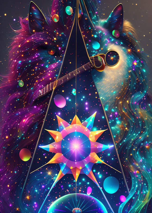 Colorful cosmic wolves in starry space setting with geometric pattern and guitar.