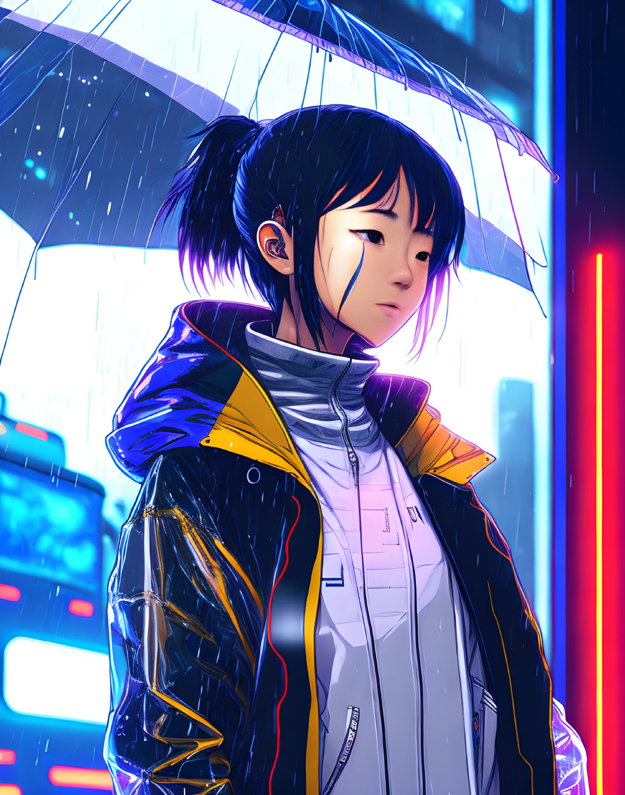 Young woman with ponytail under blue umbrella in urban night scene