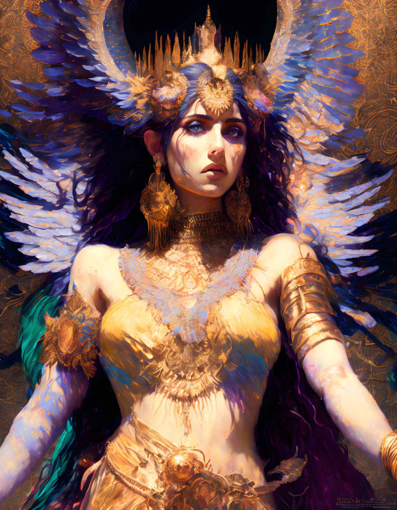 Regal figure with gold headdress, blue eyes, golden jewelry, wings, and patterned backdrop