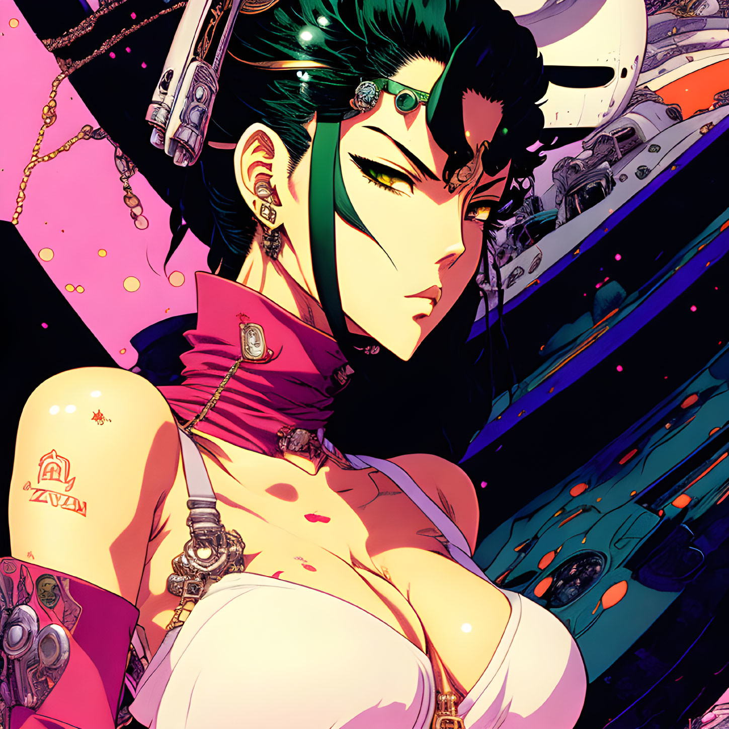 Vibrant anime illustration: female character with green hair in futuristic outfit on cosmic backdrop.