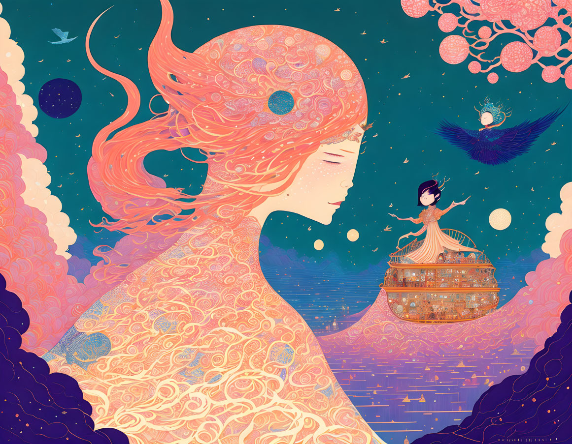 Vibrant illustration of woman with fiery hair in cosmic scene