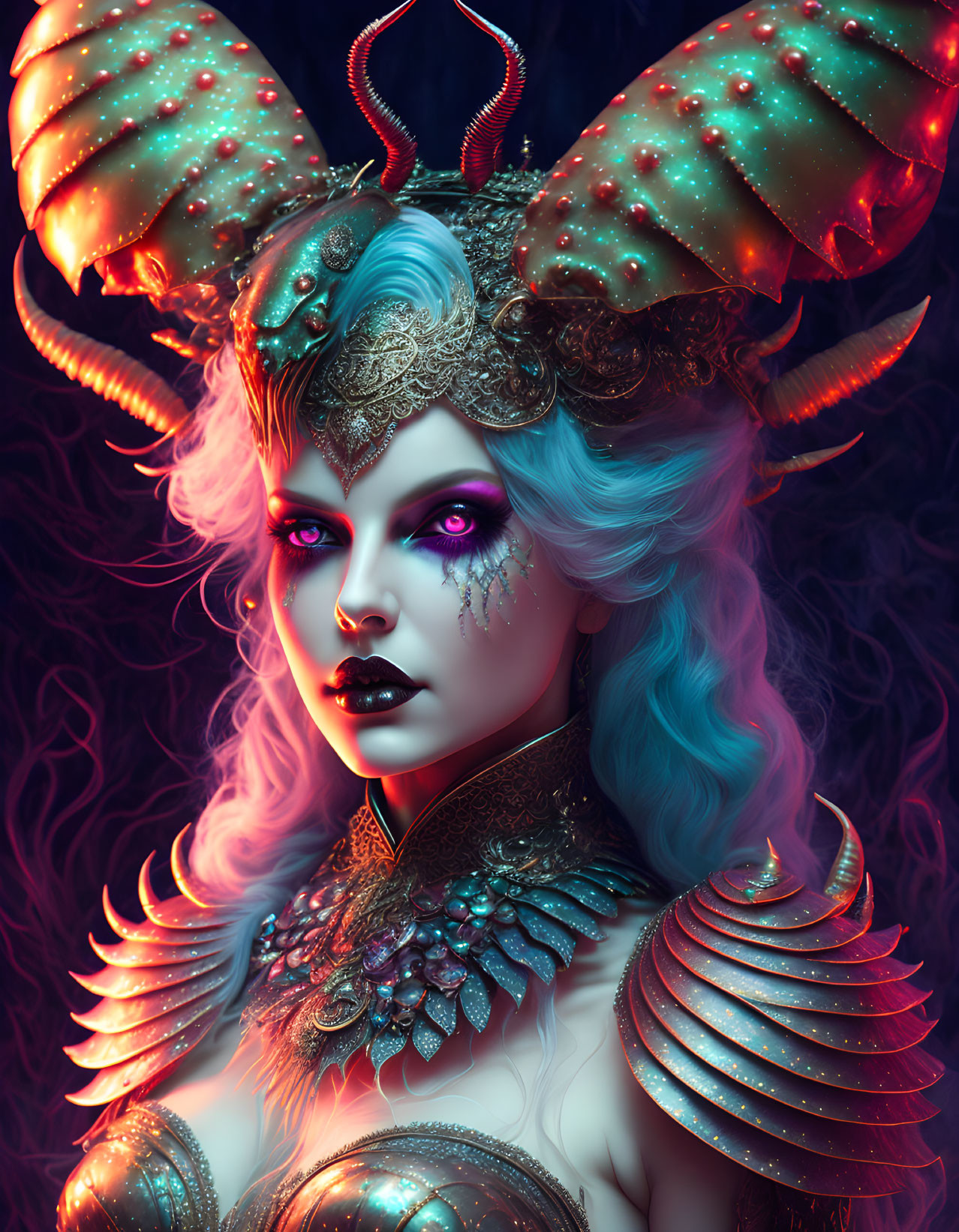 Fantasy Female Character with Pale Blue Skin and Elaborate Golden Horned Headpiece