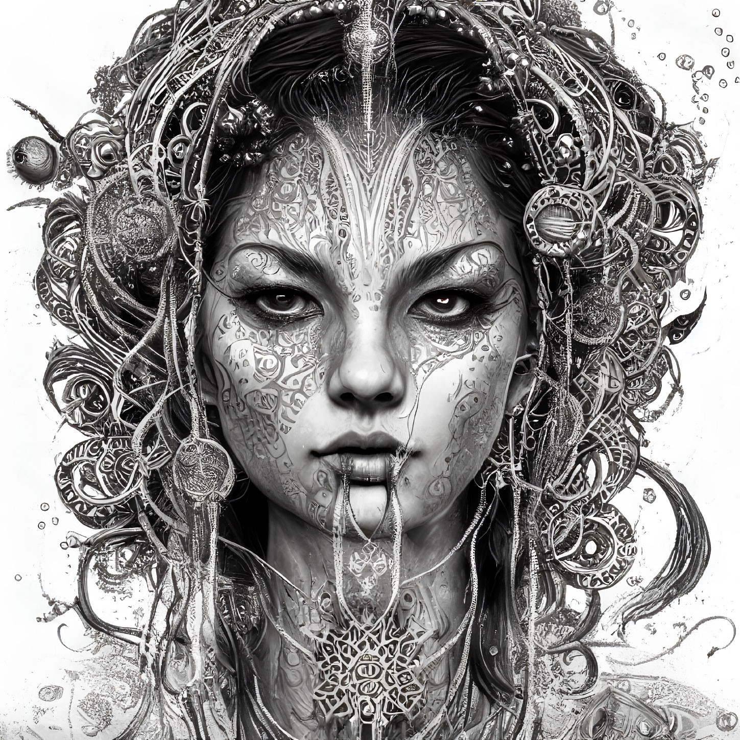 Detailed black & white illustration of woman with tribal face patterns & ornate hair jewelry.