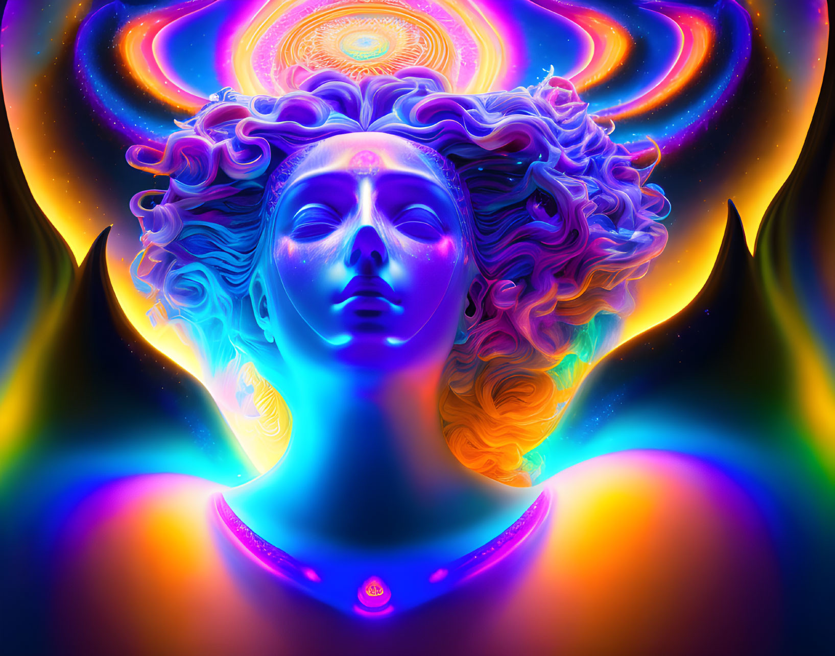 Colorful digital artwork: Woman with flowing hair in psychedelic setting.