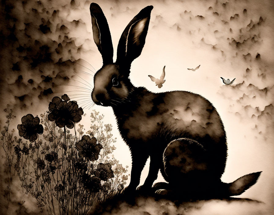 Sepia-toned illustration: Rabbit, flowers, birds, cloudy backdrop