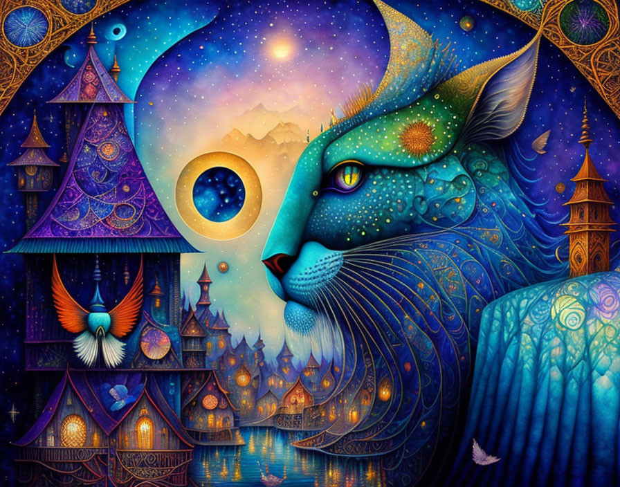 Colorful fantasy artwork: Cosmic cat in starscape with whimsical architecture.