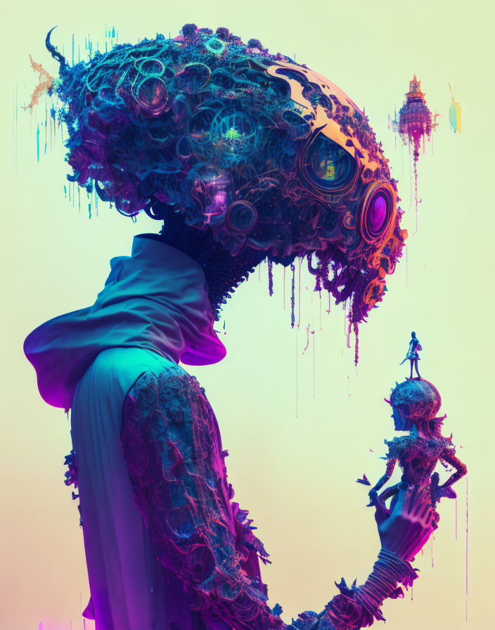 Intricate surreal figure with mechanical head and colorful paint, holding smaller figure