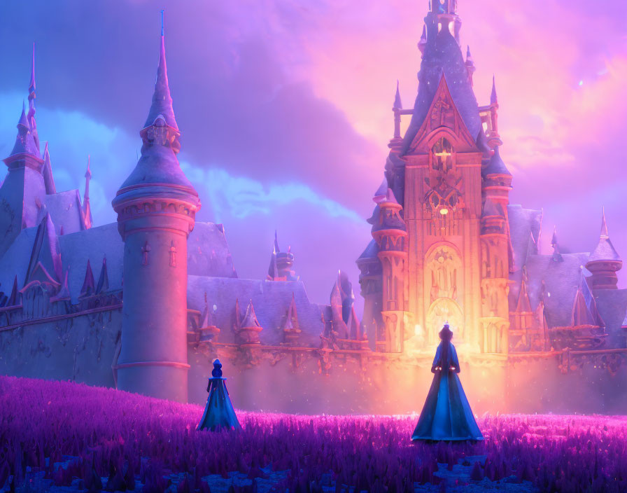 Animated characters in blue gowns in magical castle landscape