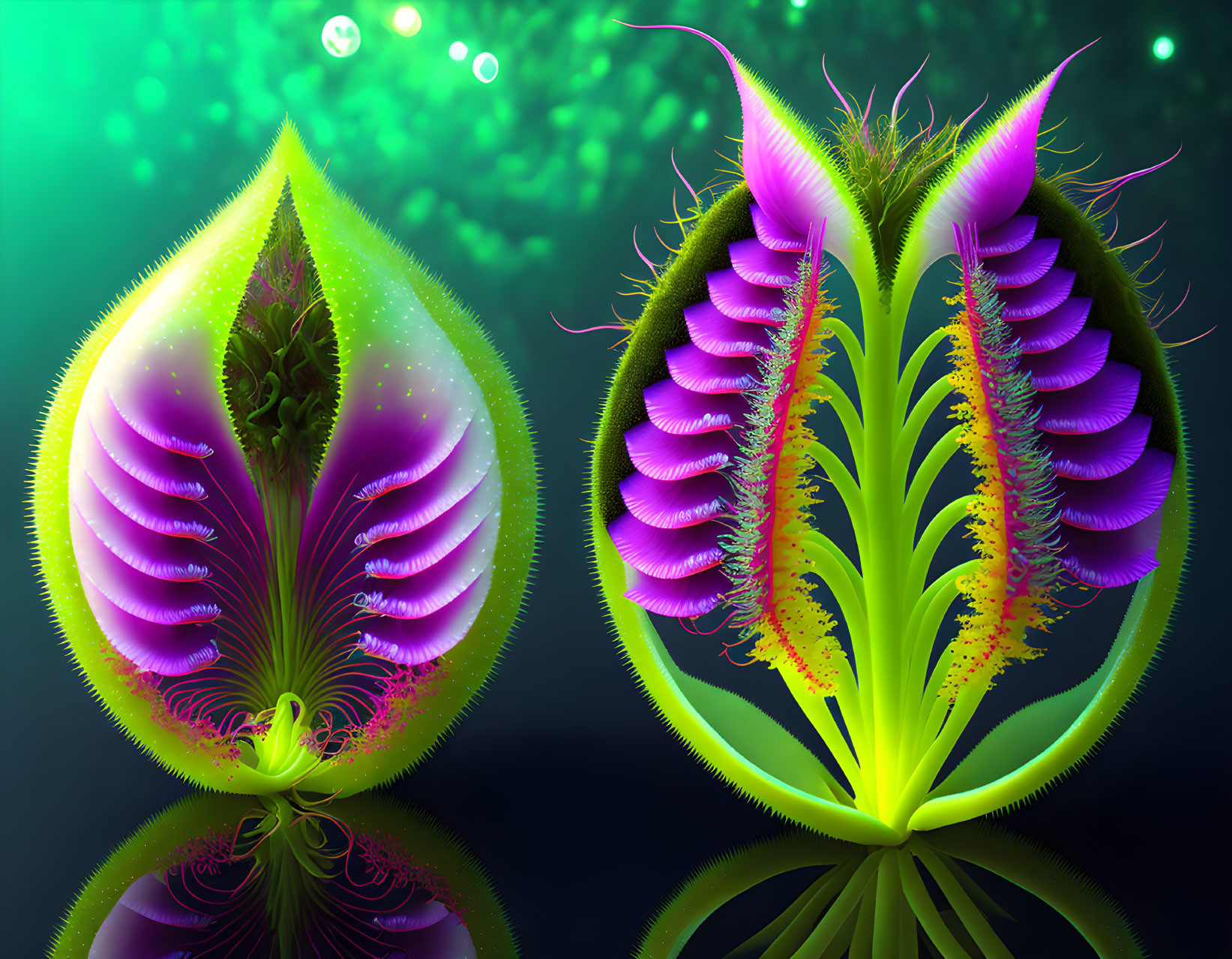 Fantastical digital art: Two plants with purple and green hues, reflective surfaces, and feather-like