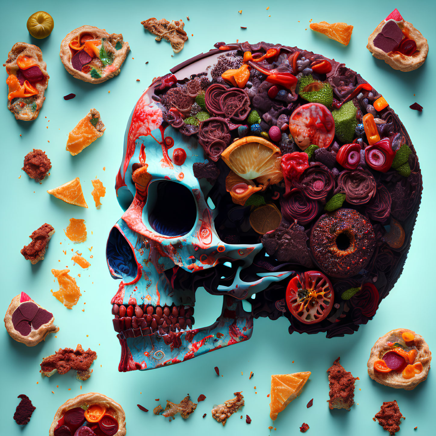 Skull surrounded by sweets, fruits, and desserts on teal background