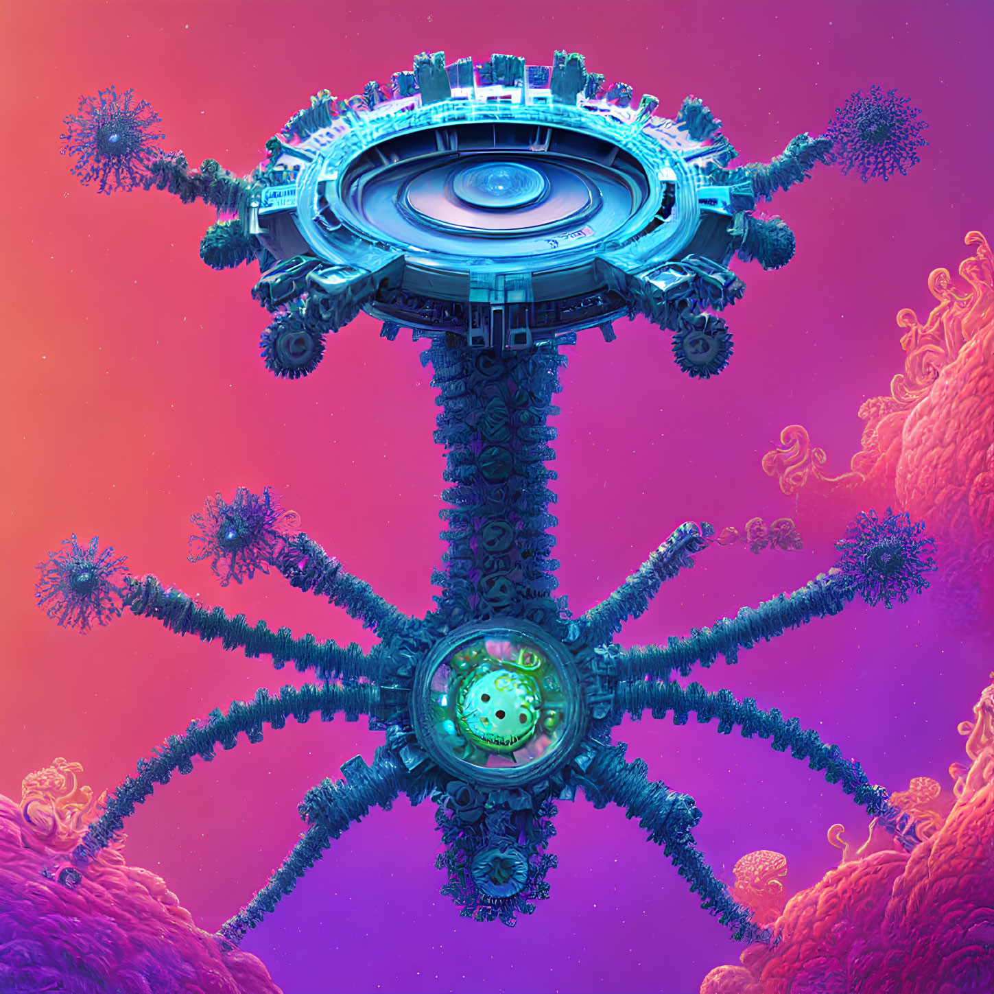 Colorful alien structure with tentacle-like appendages in vibrant, otherworldly landscape