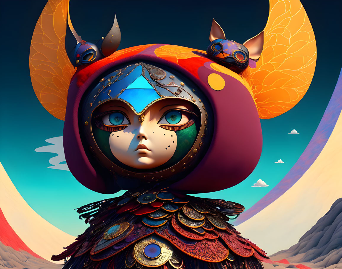 Vibrant character illustration with feathered armor in surreal mountain scene