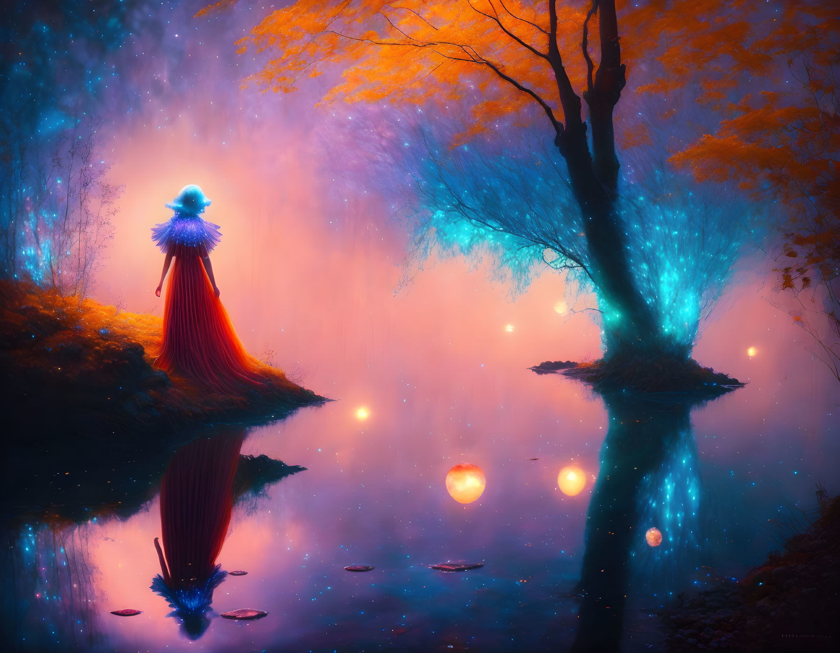 Person in Red Gown by Reflective Lake in Autumn Scene