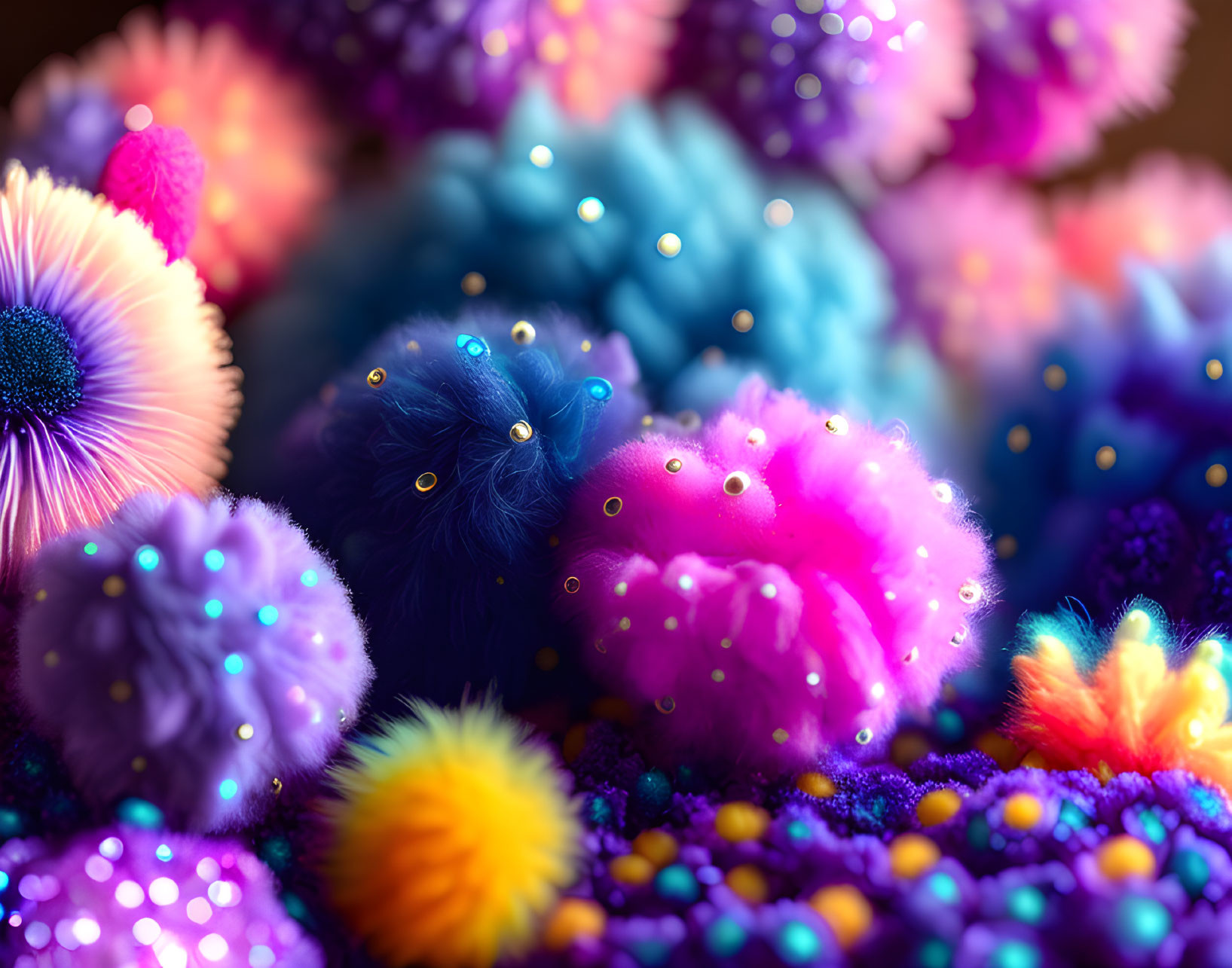 Colorful close-up of fluffy pom-poms and beads in blue, purple, and pink hues.