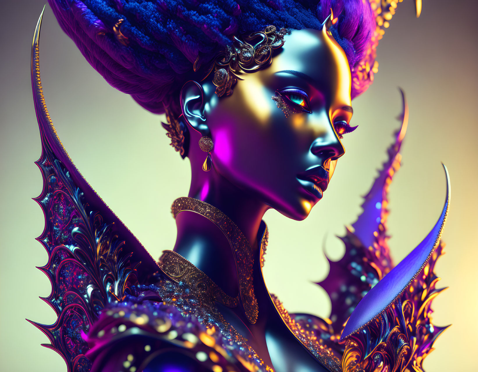 Regal woman in purple and gold 3D illustration