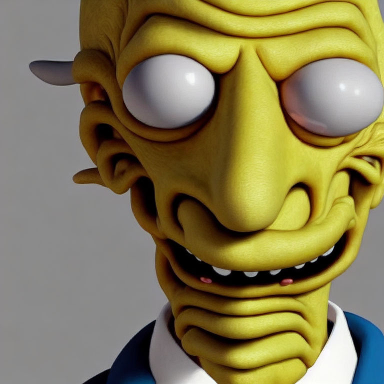 Close-Up of 3D-Rendered Character with Yellow Skin and Blue Suit